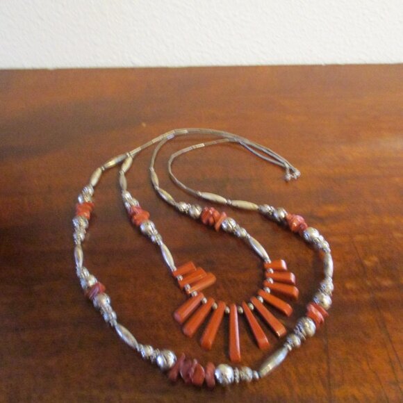 COPY - Native American Sterling Silver Beaded Coral Necklace - Picture 3 of 3